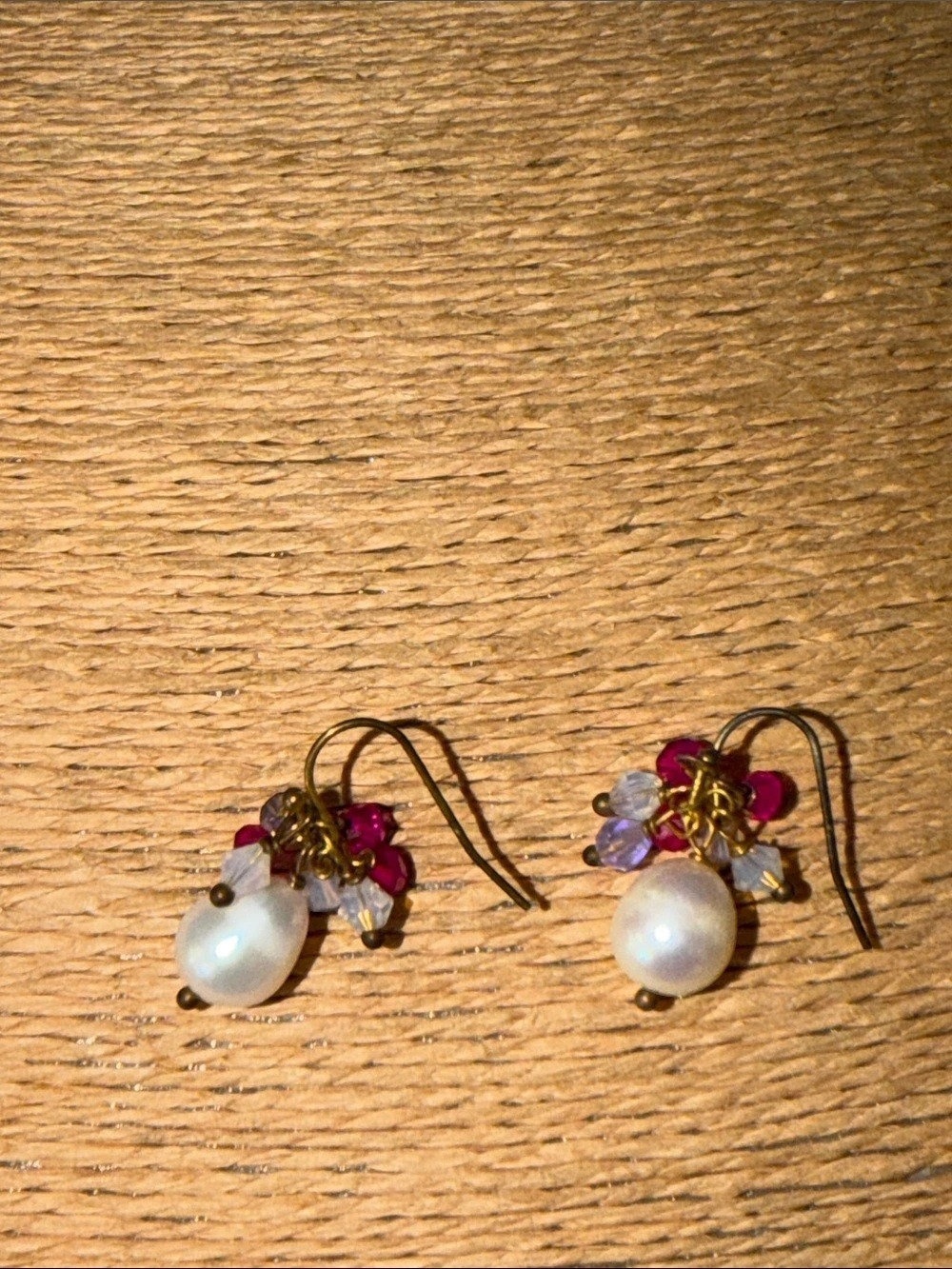 White fresh water Pearl Drop Beaded Earrings in White & Pink lavender crystal